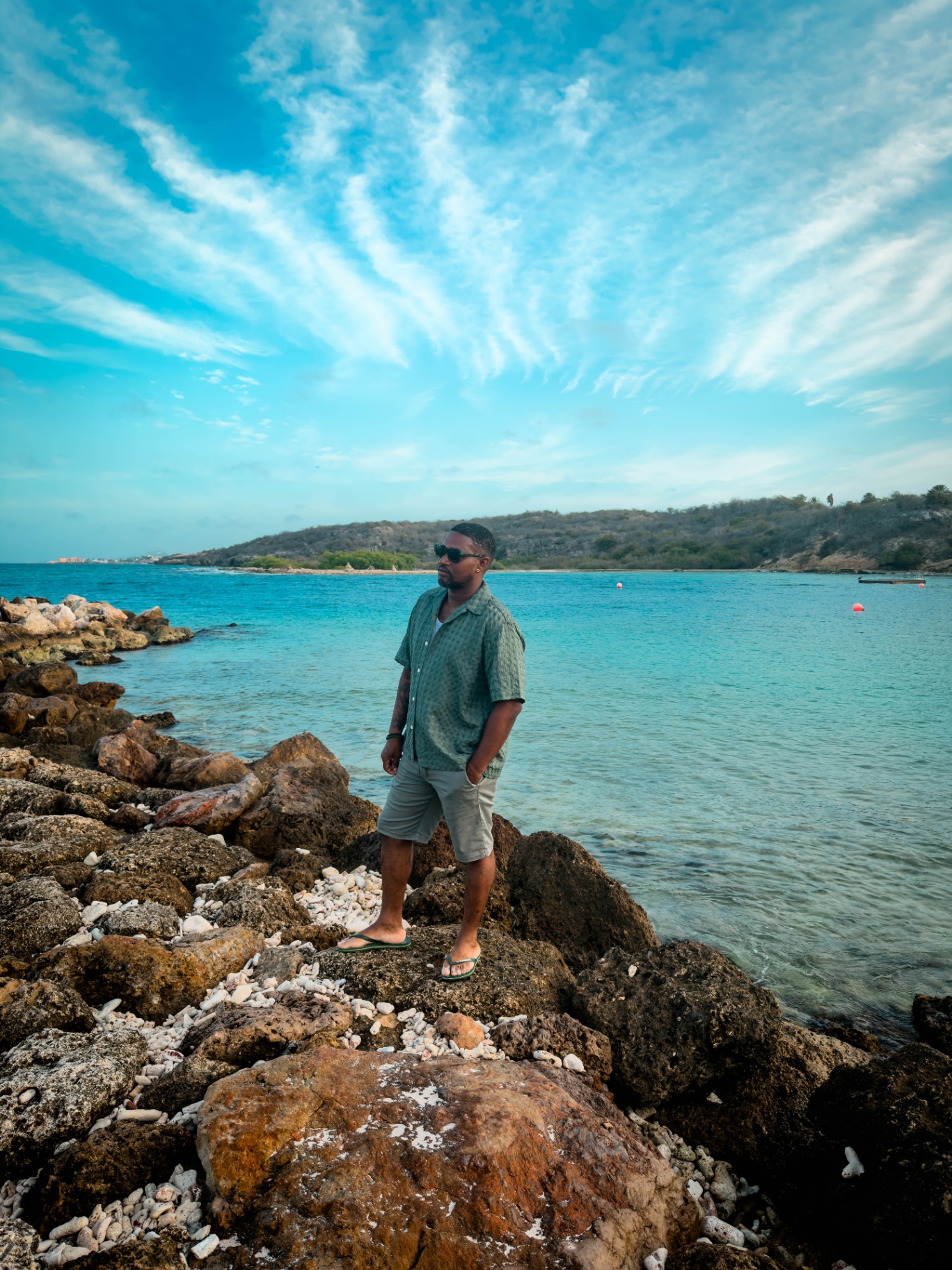 BRO Men's Fashion — green textured shirt by the sea