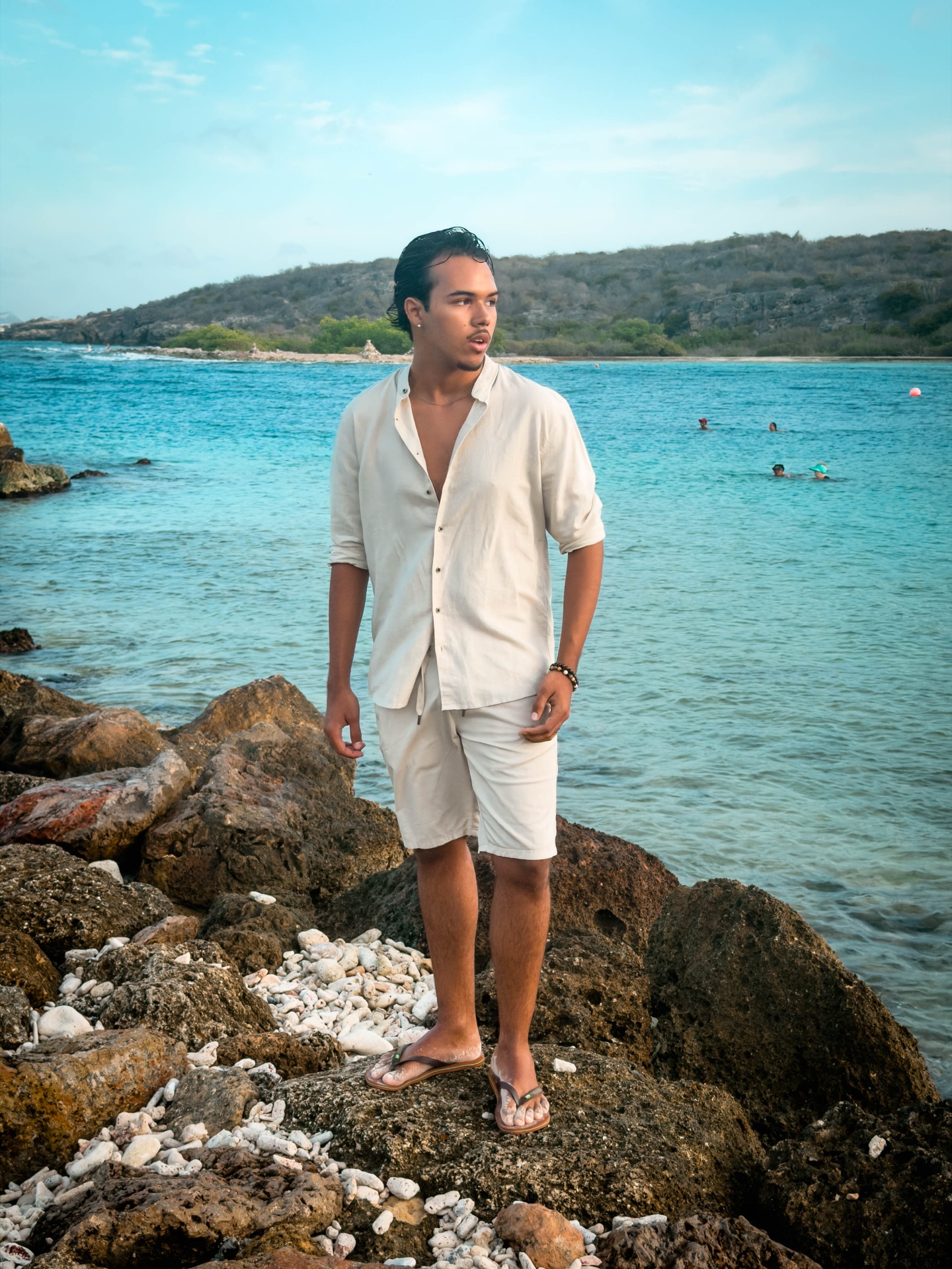 BRO Men's Fashion — linen shirt and shorts on the rocks